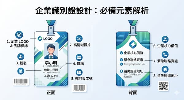 識別證設計必備元素：LOGO、照片、姓名、職稱